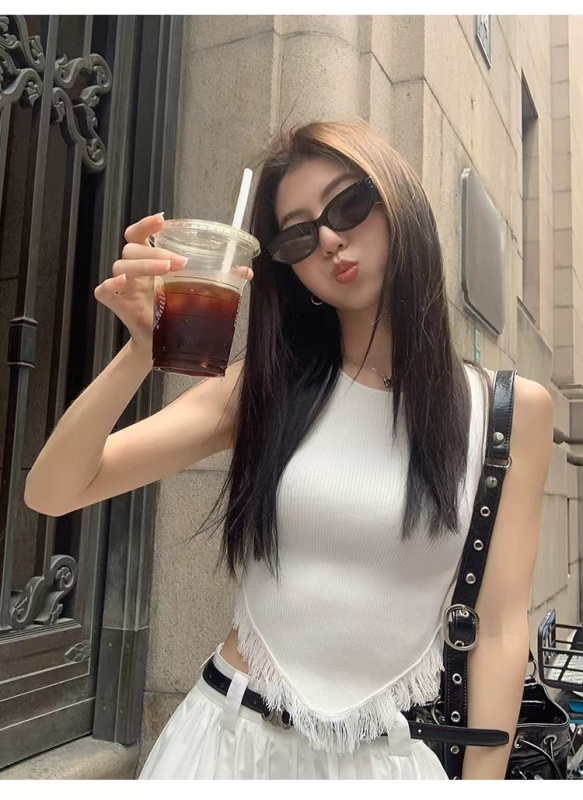 純欲風針織小吊帶背心外穿女修身設計小眾掛脖流蘇無袖帶胸墊上衣