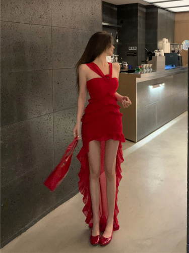 Real shot of retro trailing slim sexy three-dimensional flower red chiffon tube top dress with hip-covering skirt for women