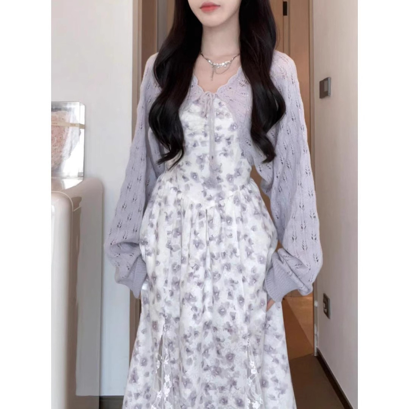 碎花吊帶連衣裙子春秋季雪紡2024新款夏季女裝海邊度假針織衫套裝
