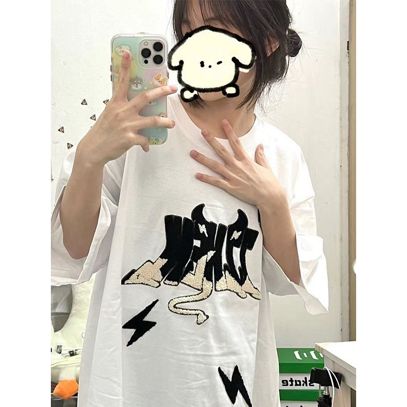 毛巾刺繡 原版做工 純棉200克後包領包肩T恤短袖女