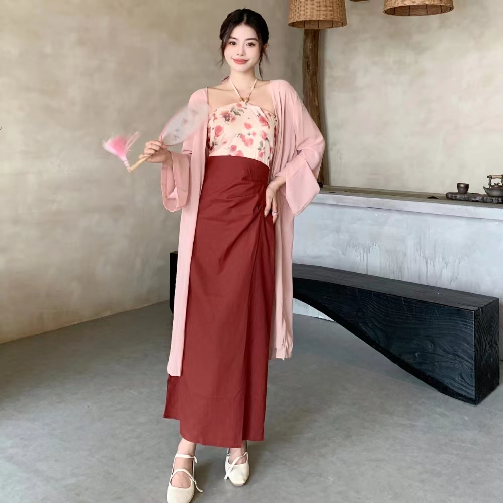 實拍  大碼新中式吊帶連衣裙女碎花抹胸高腰拼接長裙+開衫兩件套