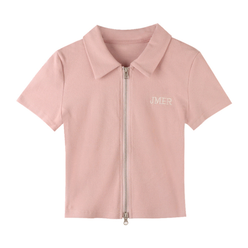 粉色polo衫短袖t恤女夏季设计感双拉链露脐短款bm风上衣