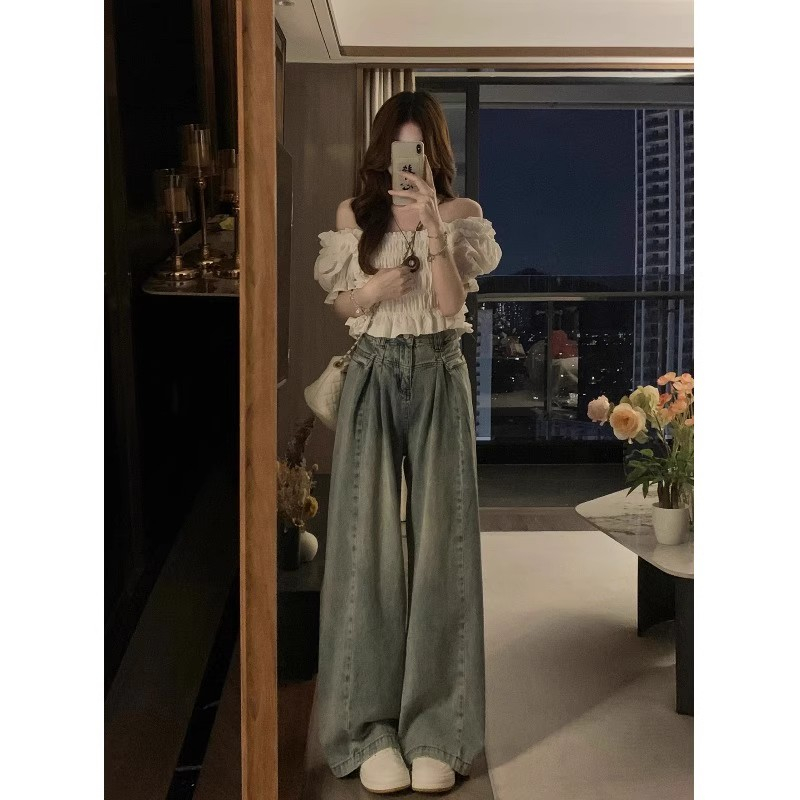 港風復古褶皺闊腿牛仔褲女春季新款ins韓版寬鬆學生顯瘦直筒長褲