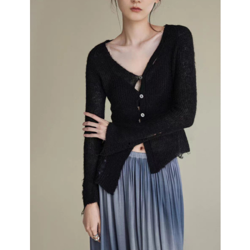 Spring and Autumn new style asymmetrical design knitted cardigan sweater women's thin outer wear irregular hole lazy style top