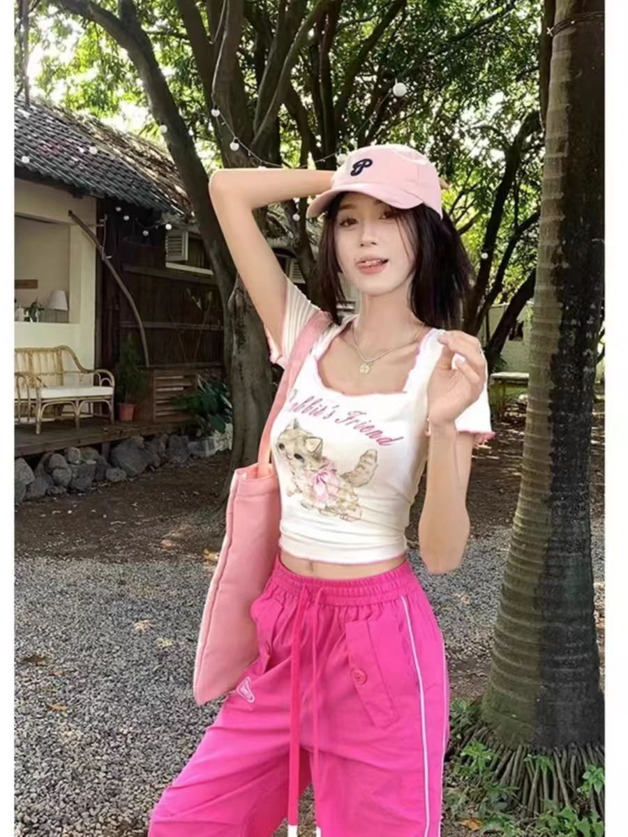 羅紋夏季短款T恤多巴胺穿搭女甜辣風方領小貓印花奶huhu短袖上衣
