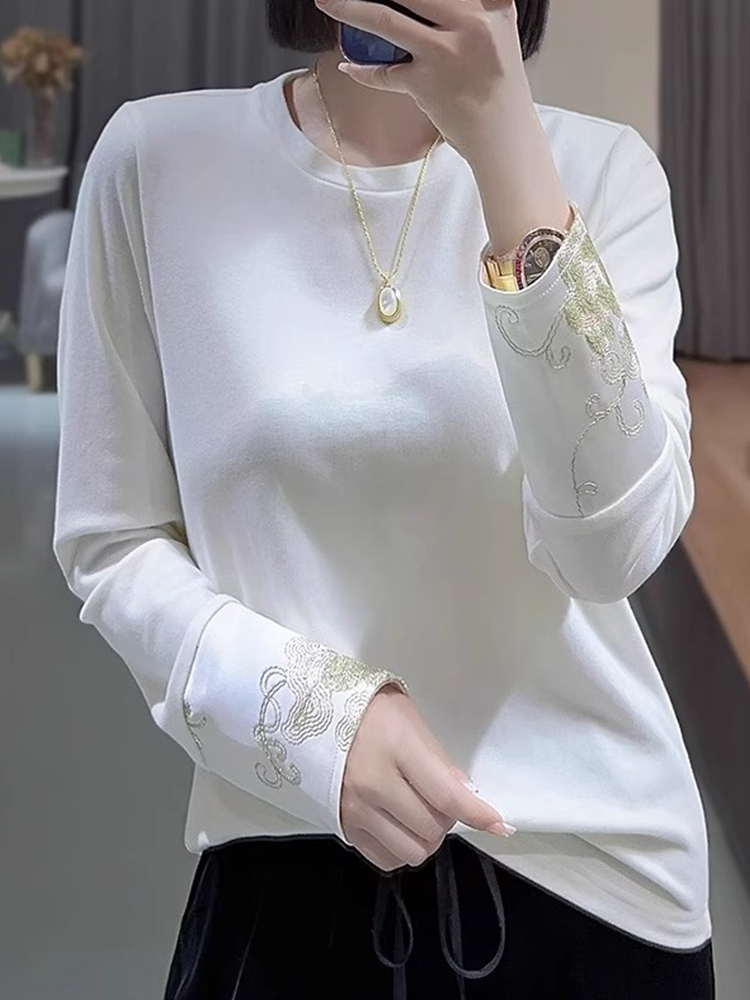 新中式輕國風內搭打底衫女2024春秋款唐裝刺繡小衫白色T恤上衣潮