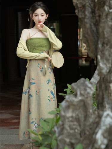 Queqiaobian new Chinese style retro suspender dress with green cardigan two-piece suit