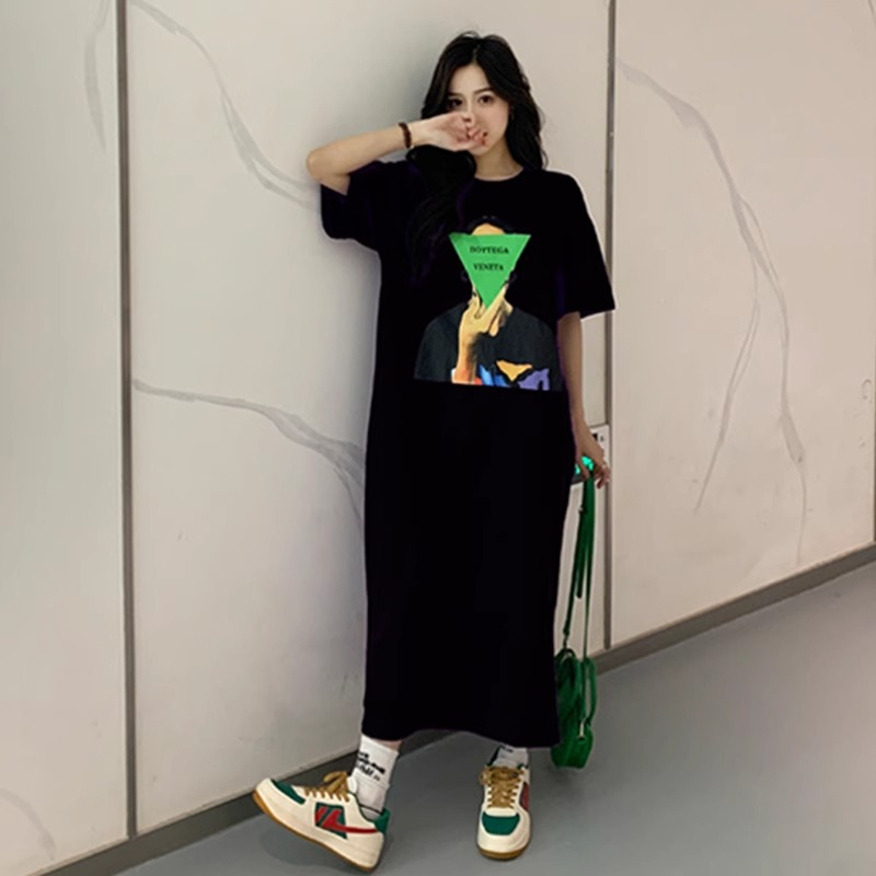 官方圖 後包領胖MM純棉T恤女短袖夏季新款圓領長款過膝長裙連衣裙