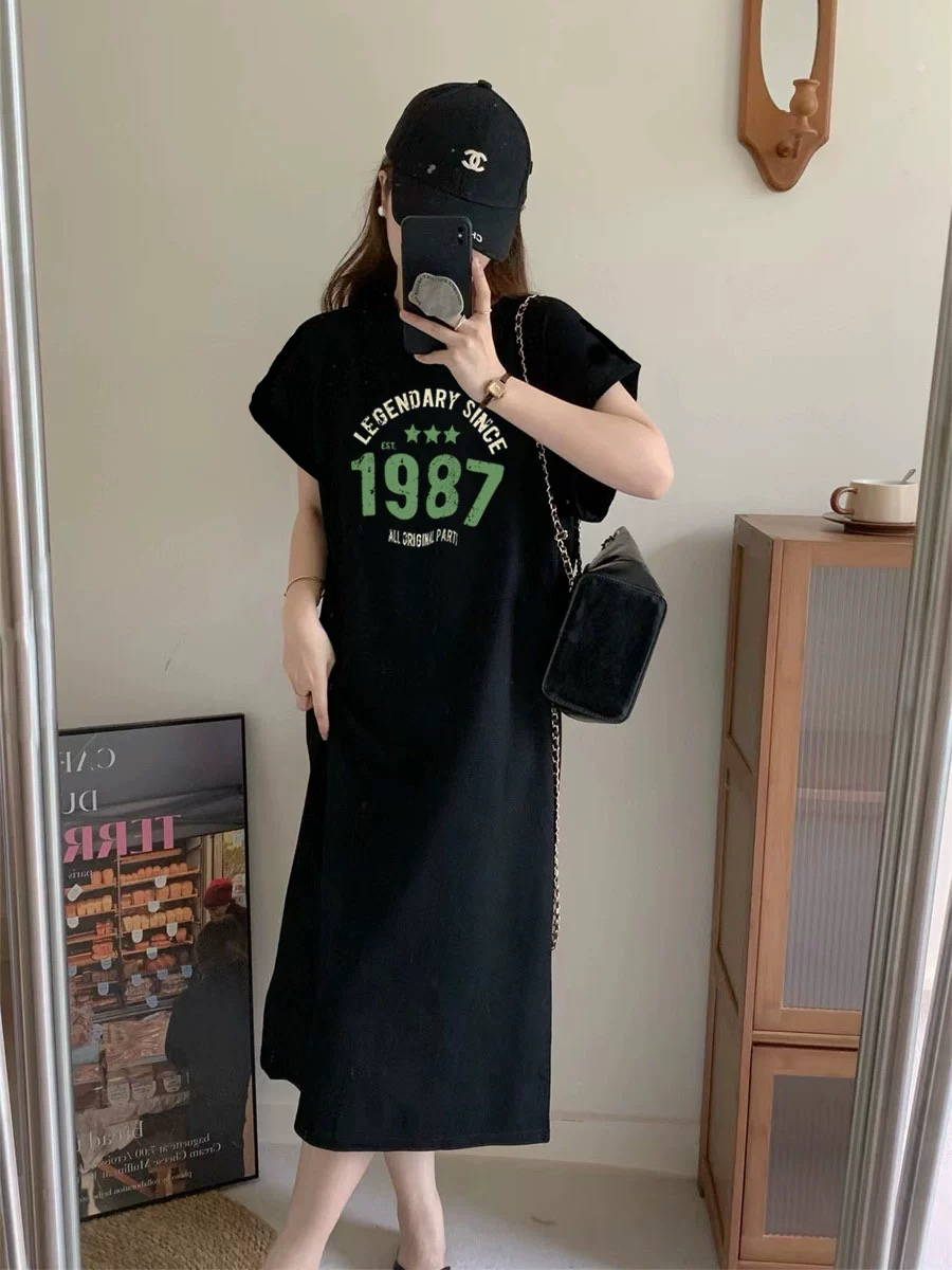 仿棉牛奶絲# 夏季短袖中長款開叉T恤連衣裙女韓系慵懶風裙子