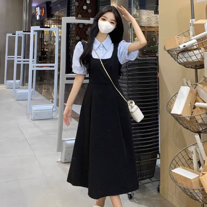 大碼女裝撞色假兩件連衣裙女夏季胖mm學院風顯瘦減齡polo領長裙子