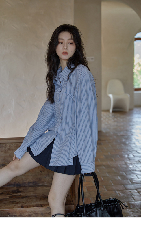 2024新款春薄款小個子設計感小眾條紋法式長袖襯衫上衣外套女