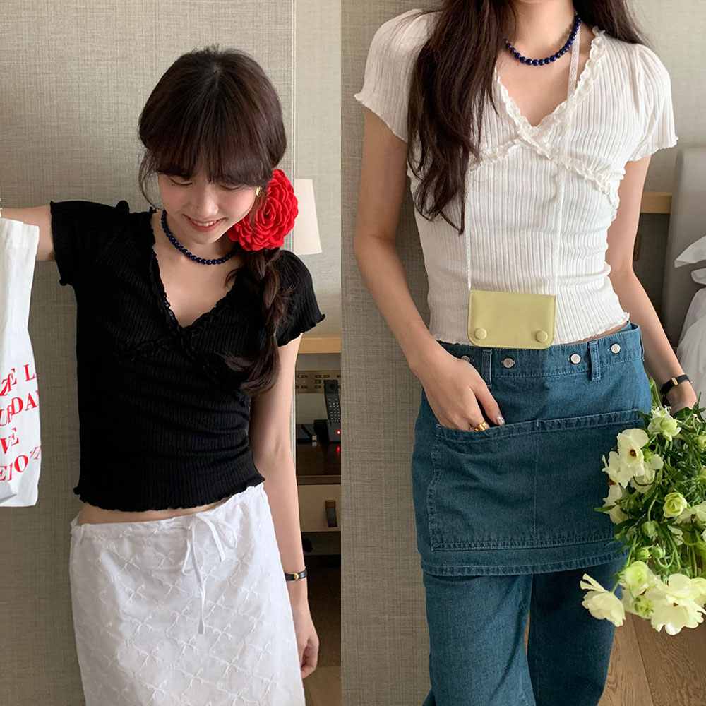 實拍 韓系氣質甜欲少女風復古V領精緻蕾絲木耳邊修身顯瘦T恤