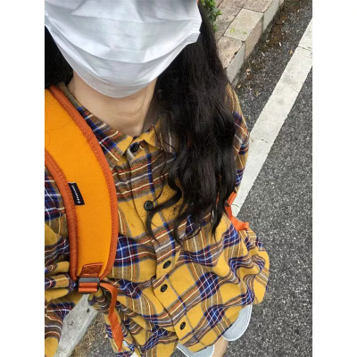 Women's Spring and Autumn New Loose Casual Vintage Yellow Grid Shirt for Layering and Matching, with a Sense of Elegance