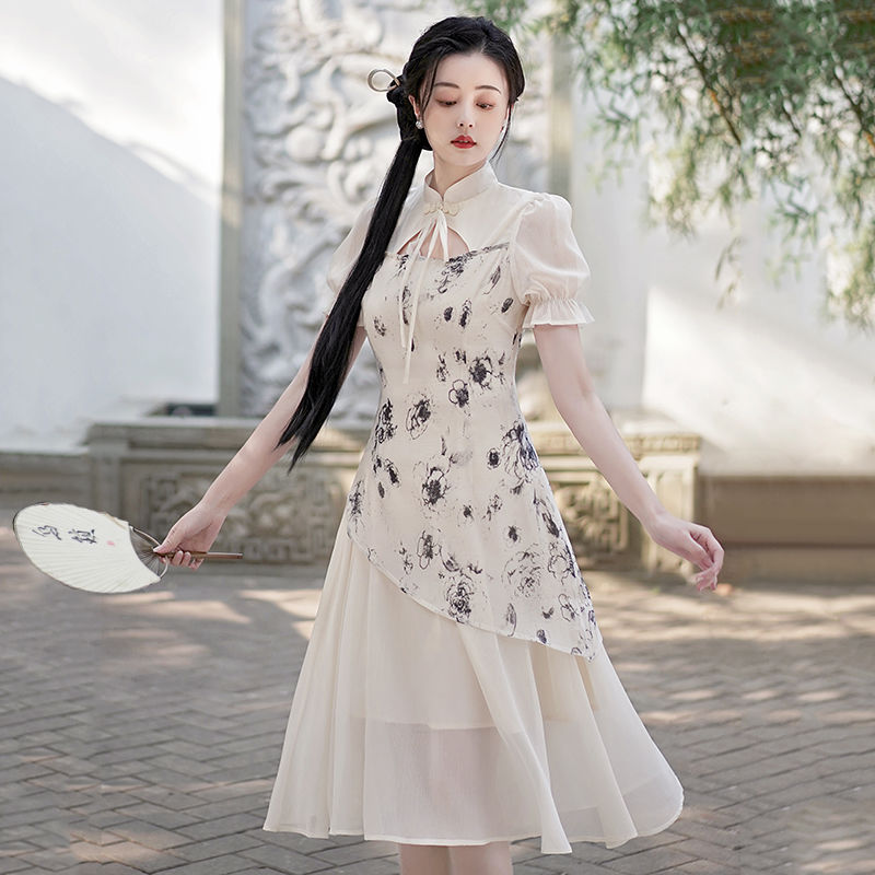 新中式連衣裙中國風年輕款少女2024年夏季新款氣質顯瘦雪紡連衣裙