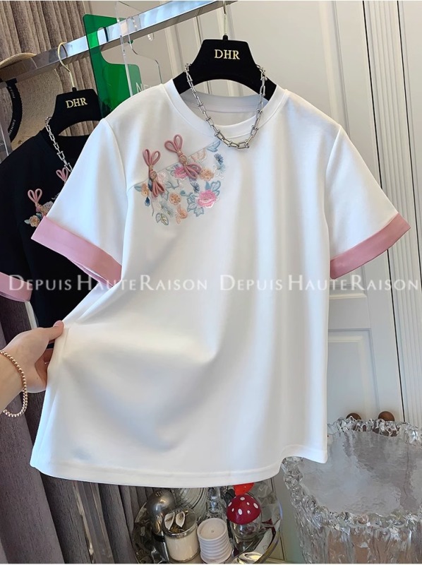 刺繡21支超爽棉210克240斤特大碼中式盤扣重工撞色T恤
