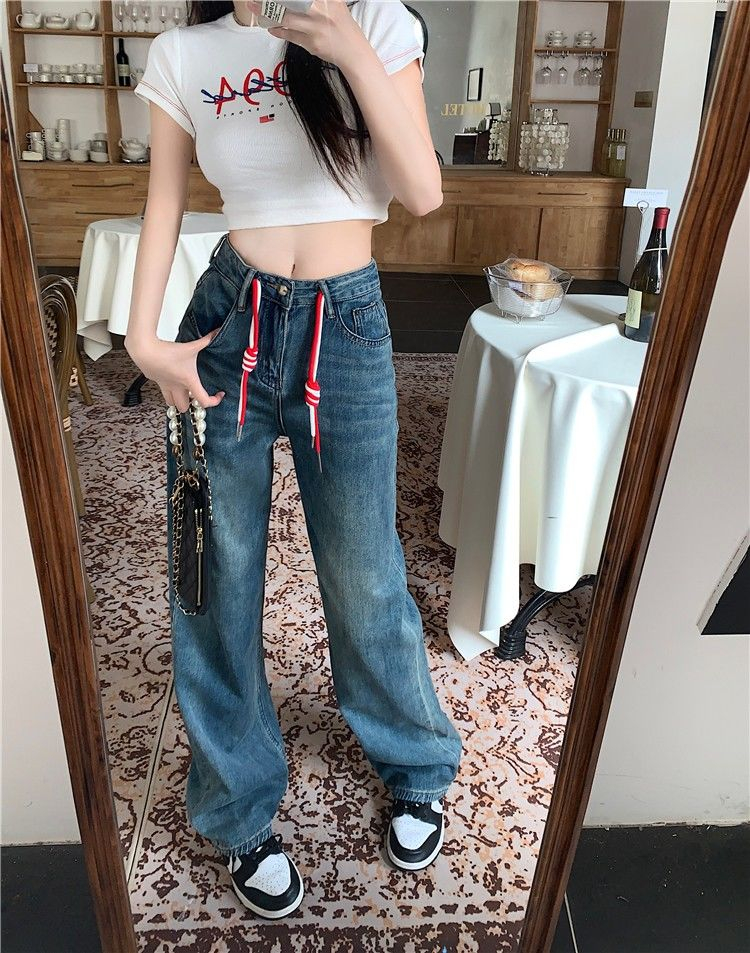 春秋新款抽繩設計感闊腿牛仔褲女寬鬆高腰直筒垂感拖地褲子