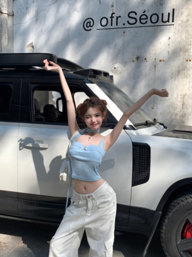 Actual shot of Korean style slimming short sweet and spicy bow-tie camisole bottoming shirt top