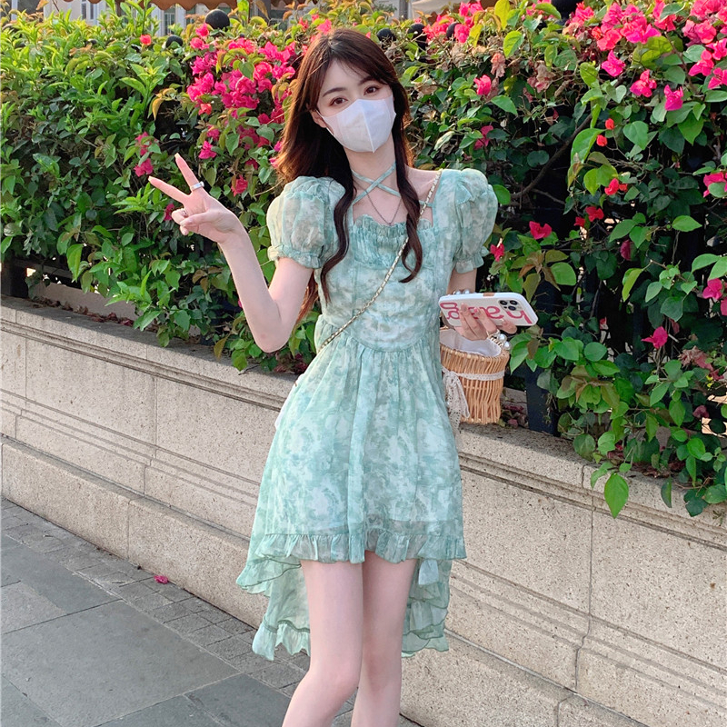 雪紡面料綠野仙蹤法式方領連衣裙夏季新款設計感不規則超仙氣