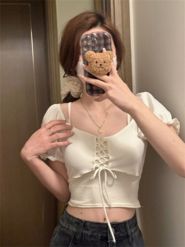 实拍甜辣妹撞色假两件短袖T恤女夏韩版系带短款上衣