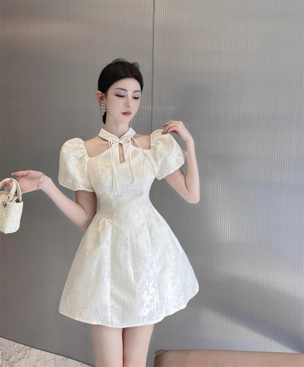 提花+里布+拉鏈 旗袍收腰連衣裙女夏季新款氣質漂亮短裙子