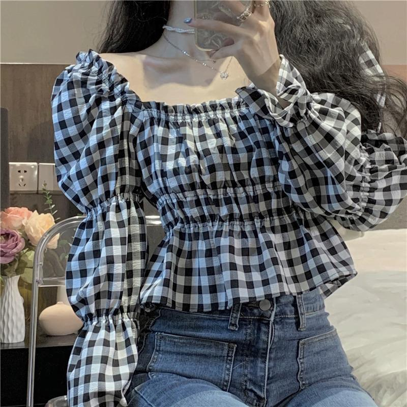 色織格子#春秋新款韓版寬鬆方領兩穿收腰泡泡袖襯衫上衣女學院風