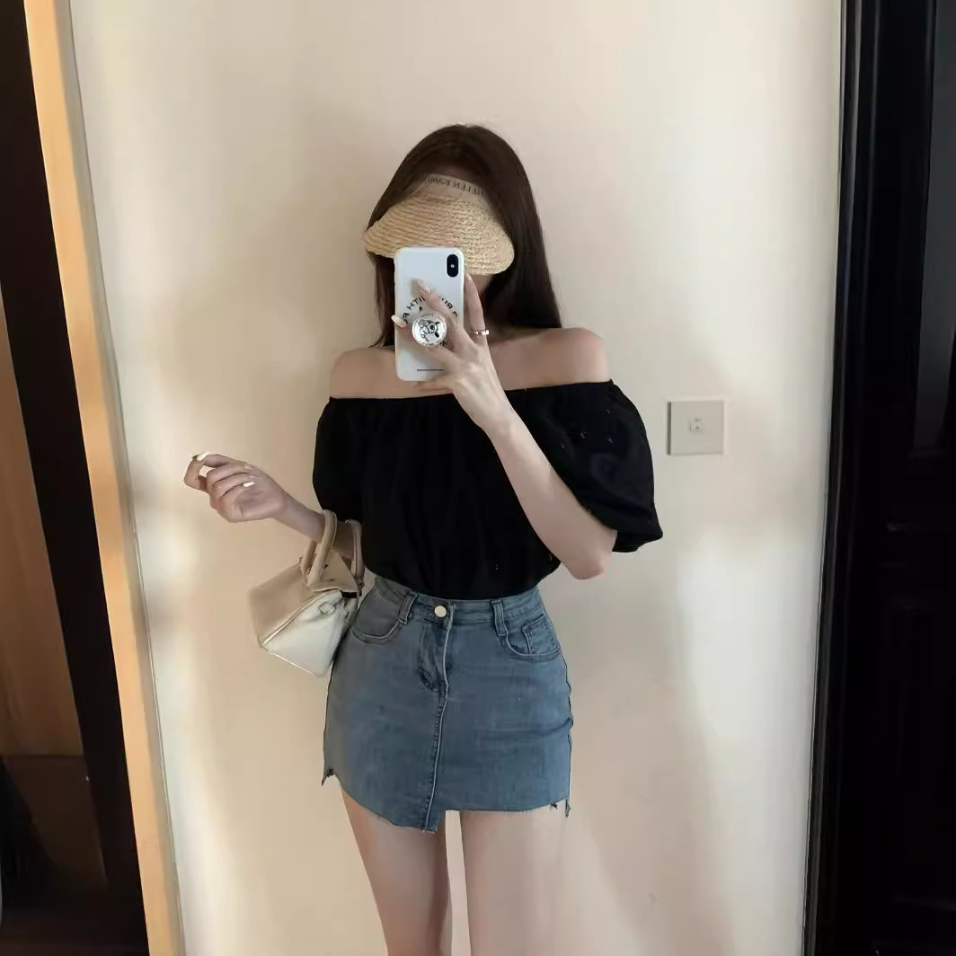 辣妹性感純色黑短款泡泡秋冬歐美風法式薄款設計方領新款長袖上衣