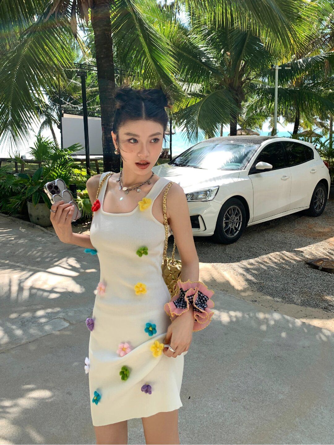 立體花針織吊帶連衣裙女春包臀a字裙