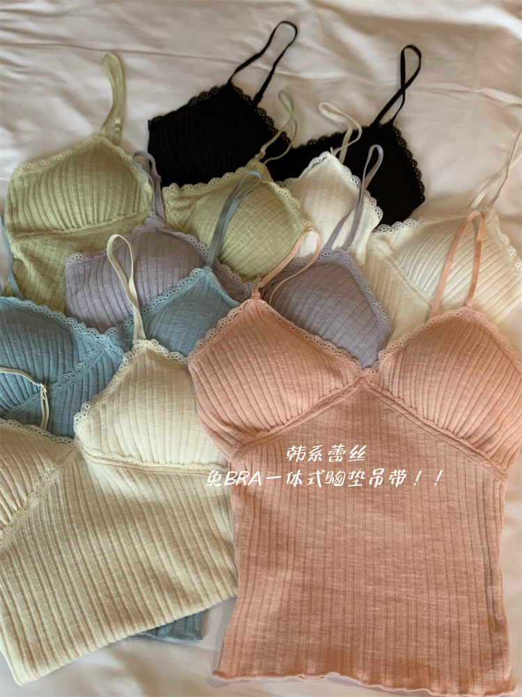 實拍~ 蕾絲帶胸墊吊帶背心女2024夏季新款內搭