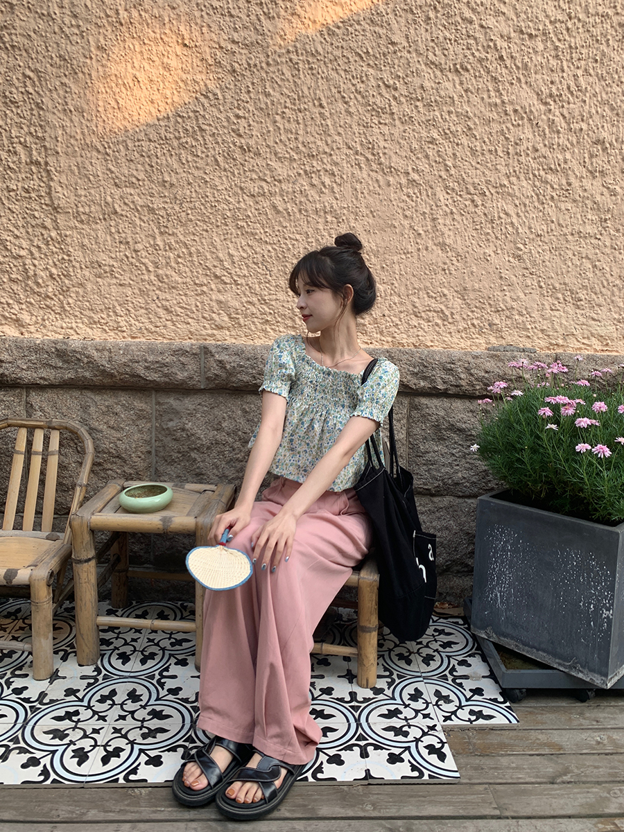 油畫感碎花泡泡袖襯衫夏季女皺褶寬鬆方領襯衣短款上衣