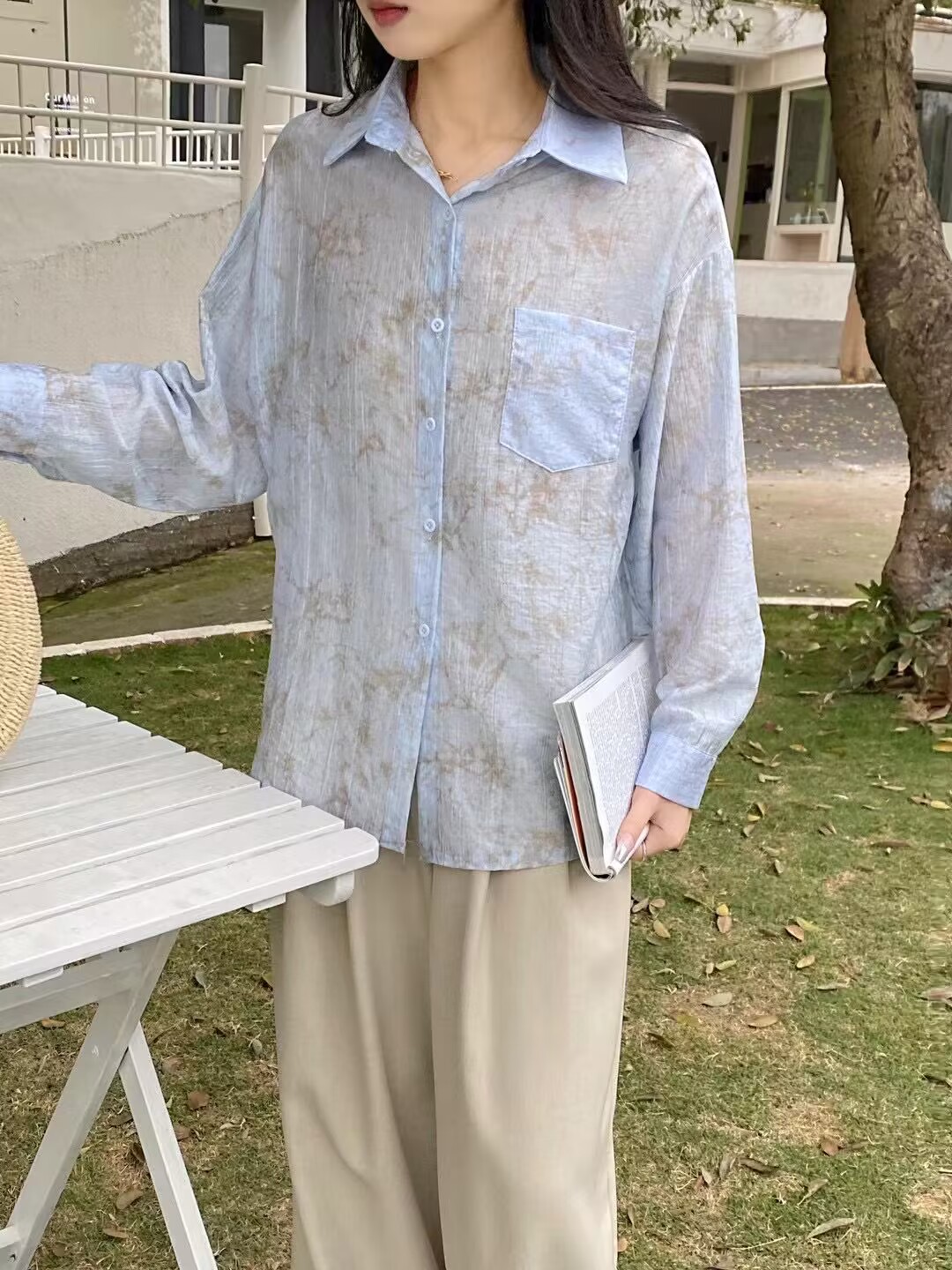 水墨畫暈染寬鬆襯衫女2024春夏新款設計感小眾洋氣長袖防曬襯衣薄