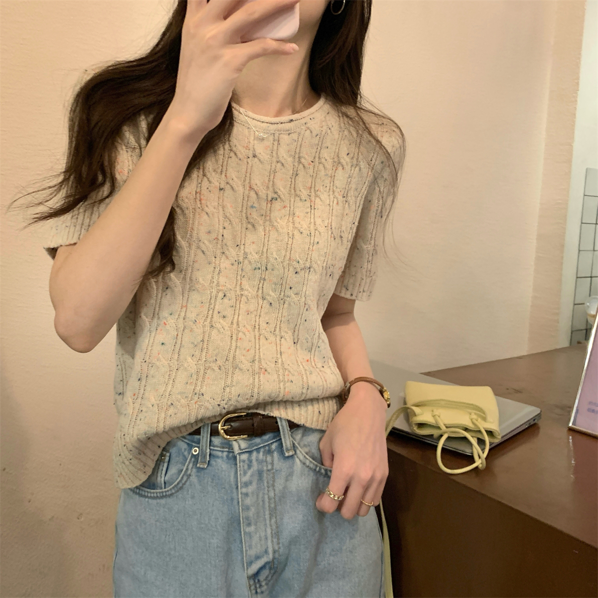 實拍 夏季韓版卷邊圓領彩色麻花設計感百搭6羊毛針織短袖上衣
