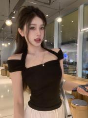 Front and Back Photographed, Fitted, Unique Neckless Backless One Shoulder Top T-Shirt for Women