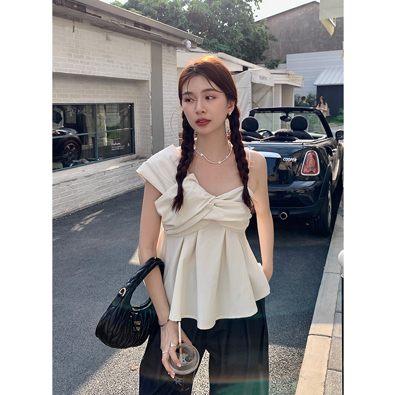 實拍 2024夏季新款法式優雅純色不規則上衣小衫吊帶雪紡衫女