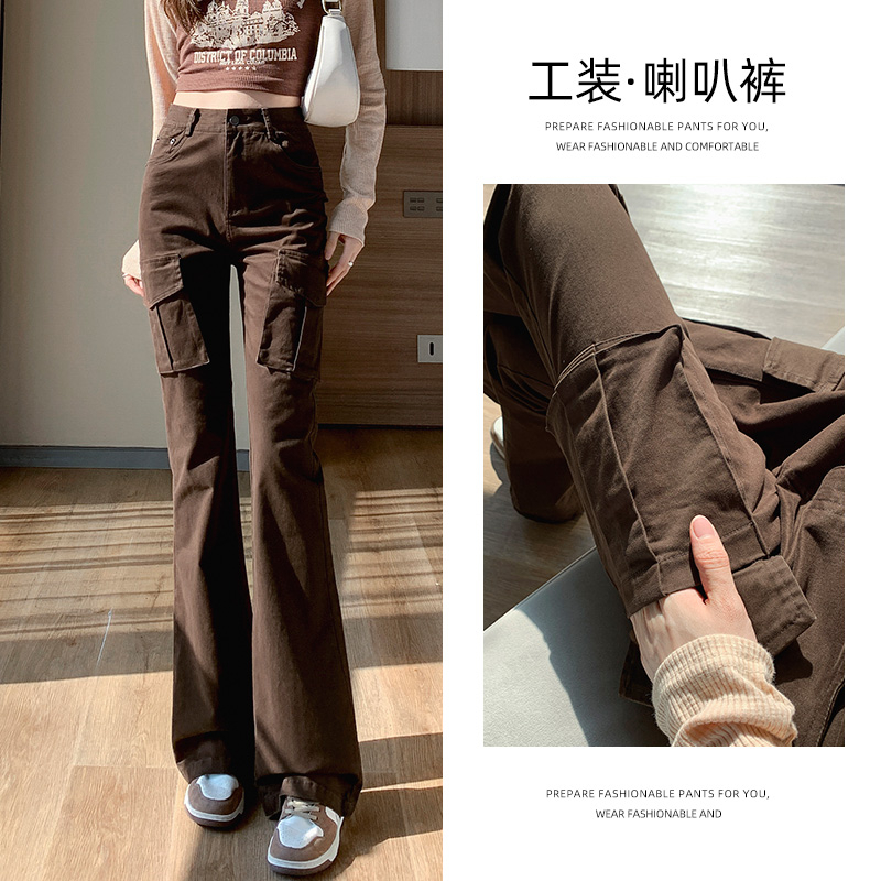 實拍2024春夏辣妹風微喇褲女修身高個子馬蹄工裝拖地褲