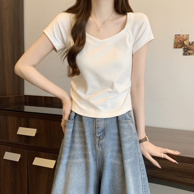 實拍  40支純棉 2024夏裝短袖T恤女修身上衣