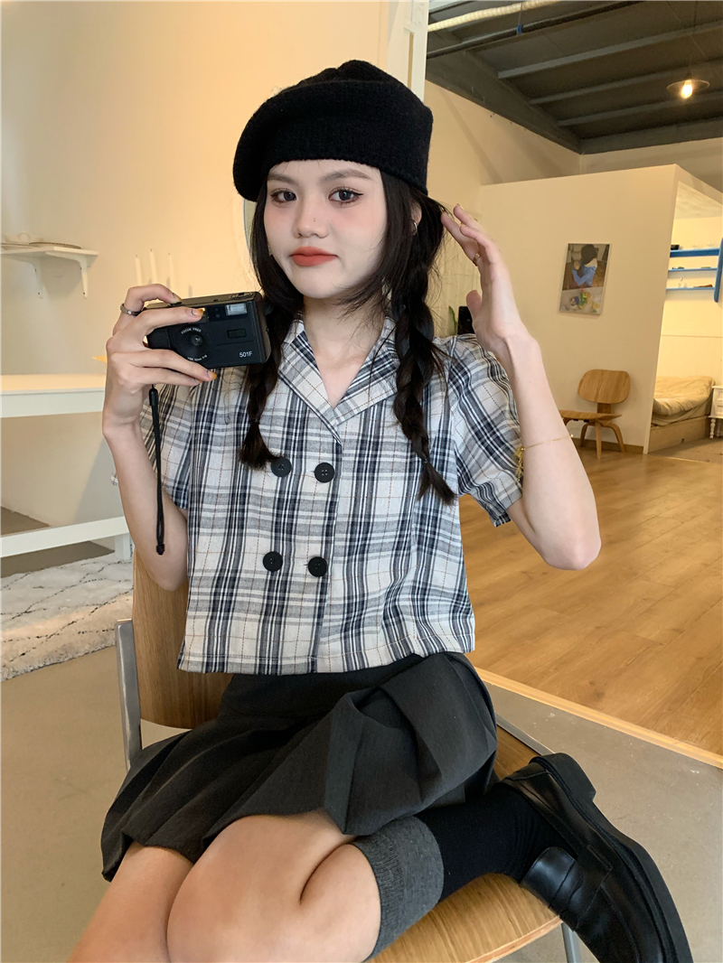 實拍 復古格子雙排扣短款襯衫