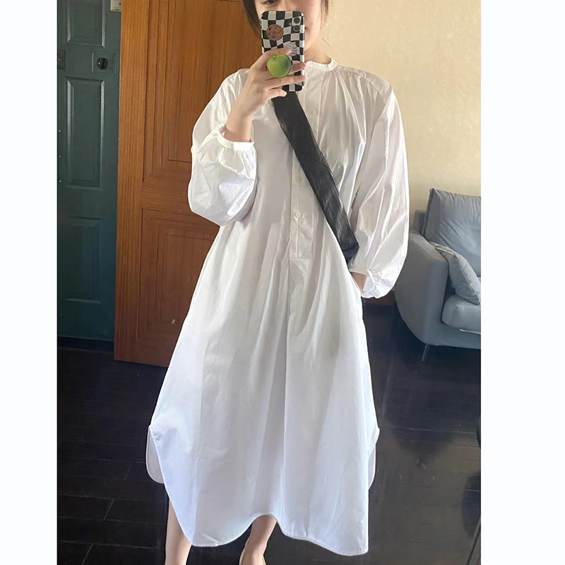 春季新品女裝法式休閒版型立領泡泡袖襯衫連衣裙