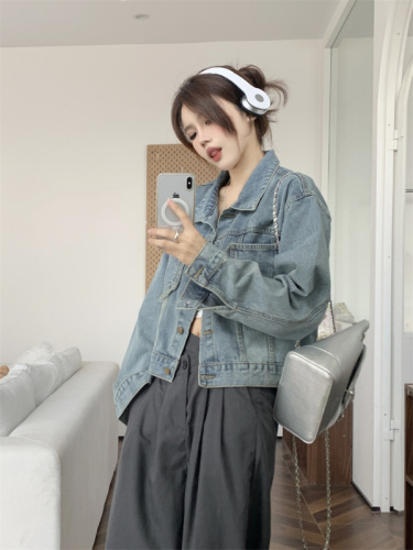 Real shot ~ 2024 Spring and Autumn Raw Edge Loose Denim Short Jacket Women's Versatile Denim Clothes Hong Kong Style Jacket Top
