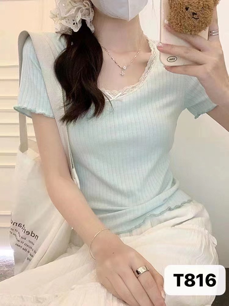 chic上衣甜辣風蝴蝶結蕾絲邊T恤女裝夏季修身顯瘦短款內搭打底衫