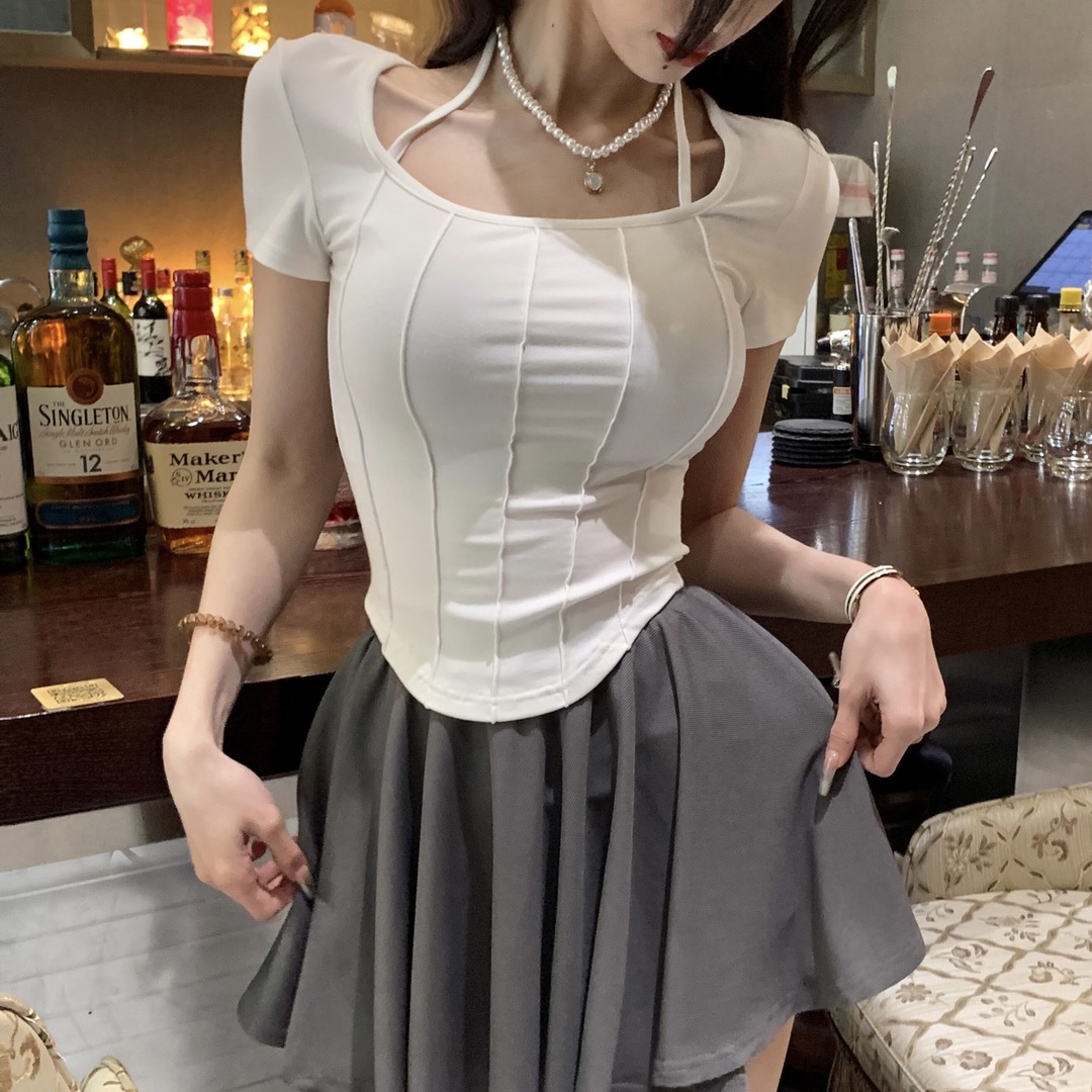 辣妹方領短袖T恤女裝夏季純欲風性感修身顯瘦設計感短款露臍上衣