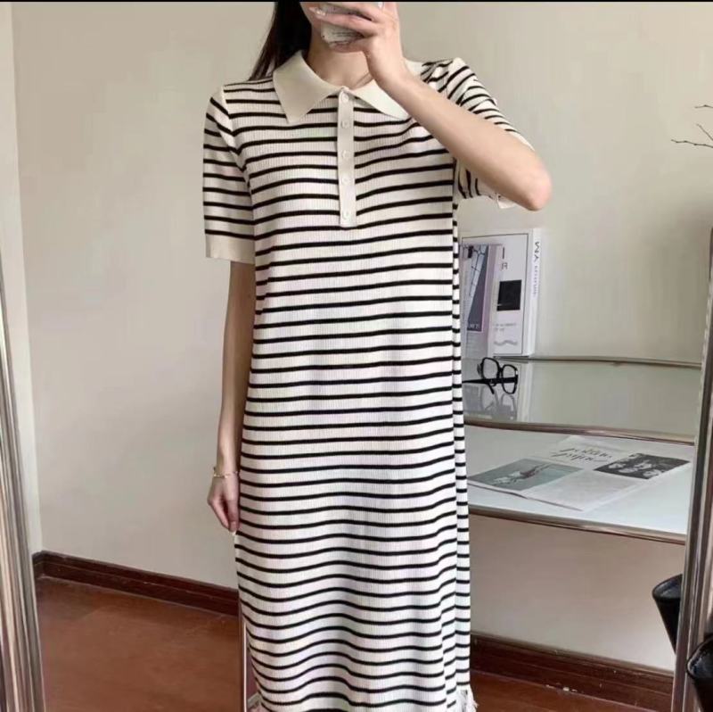 春夏復古條紋針織連衣裙女polo領氣質寬鬆小個子裙子休閒時尚lf