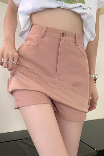 Actual shot of pink skirt for women, anti-exposure, solid color, Korean version, high waist, slimming, versatile, A-line hip-hugging shorts skirt