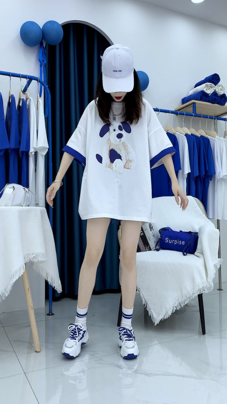 官圖質量純棉冰爽短袖t恤女夏2024開叉圓領新款上衣大碼女裝