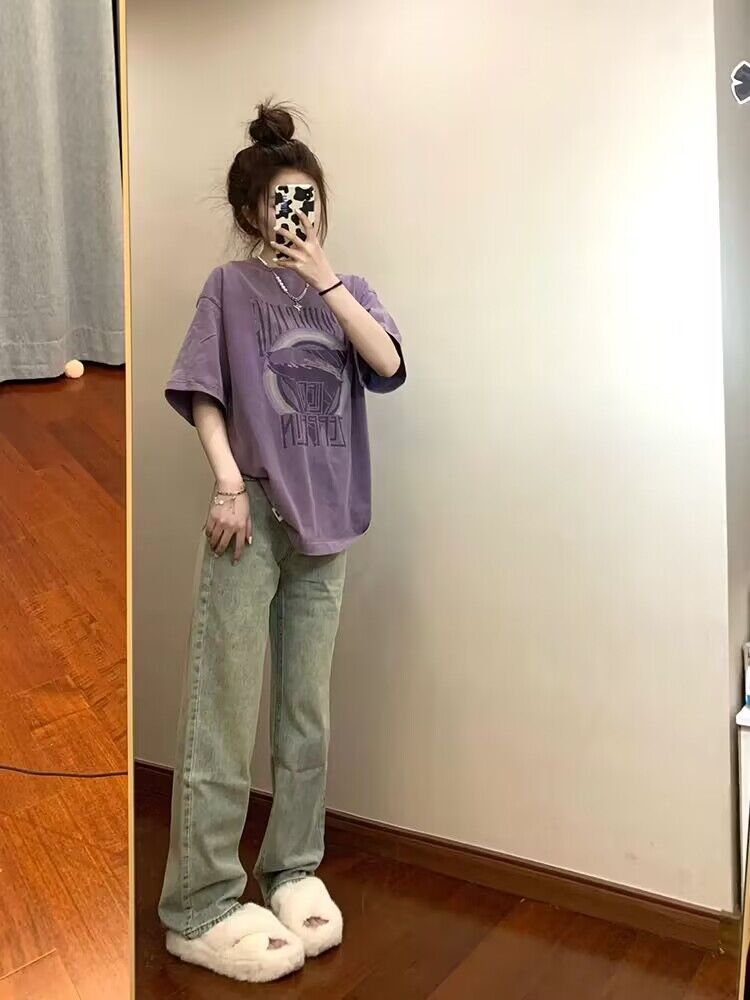 230克純棉包領 春夏季美式復古寬鬆大碼上衣印花水洗做舊短袖T恤