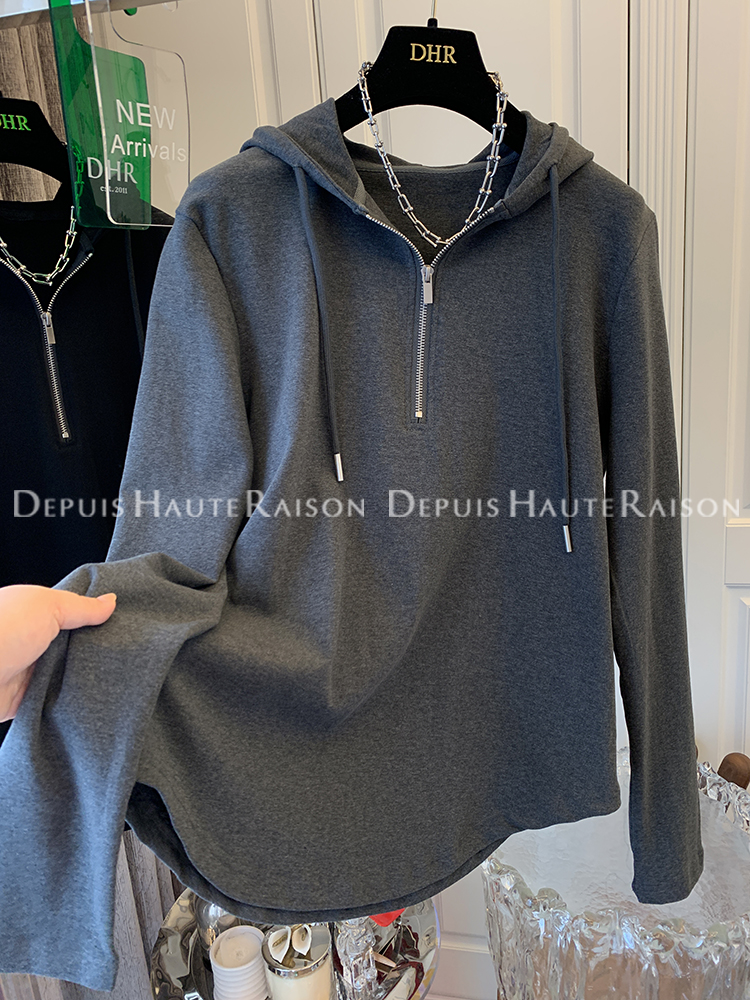 DHR 歐美拉鏈連帽衫上衣內搭打底衫長袖T恤女寬鬆休閒設計感小眾