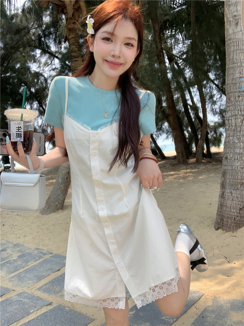實拍百搭亮色圓領短袖T恤+韓代簡約吊帶花邊裙