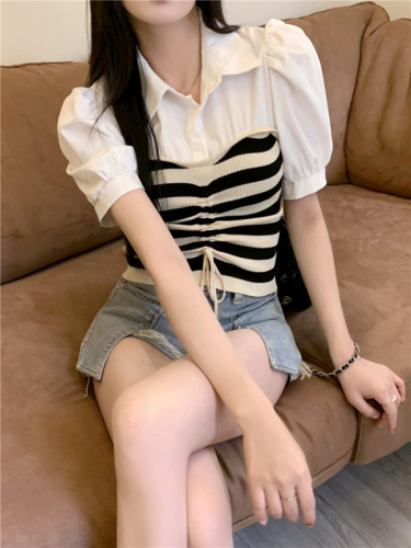Real shot Polo collar patchwork striped shirt women's short-sleeved drawstring knitted top