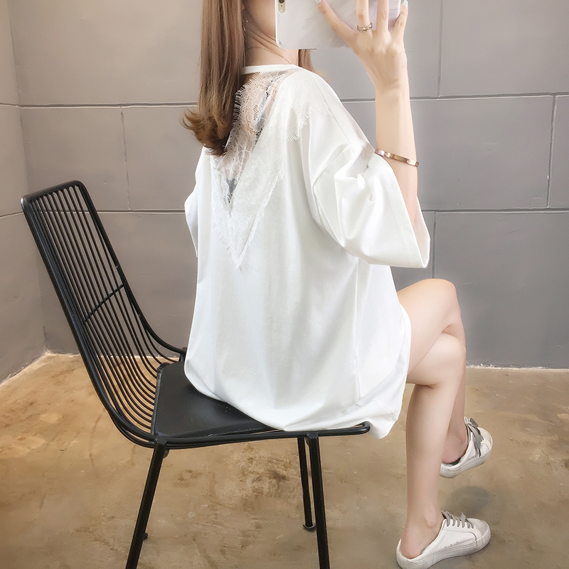 實拍6535棉2024夏季ins超火蕾絲拼接露背圓領短袖中長款T恤女