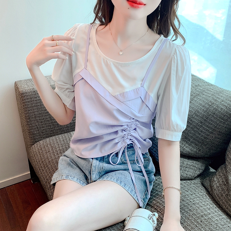 紫色短款上衣女2024夏季短袖設計感假兩件抽繩雪紡襯衫
