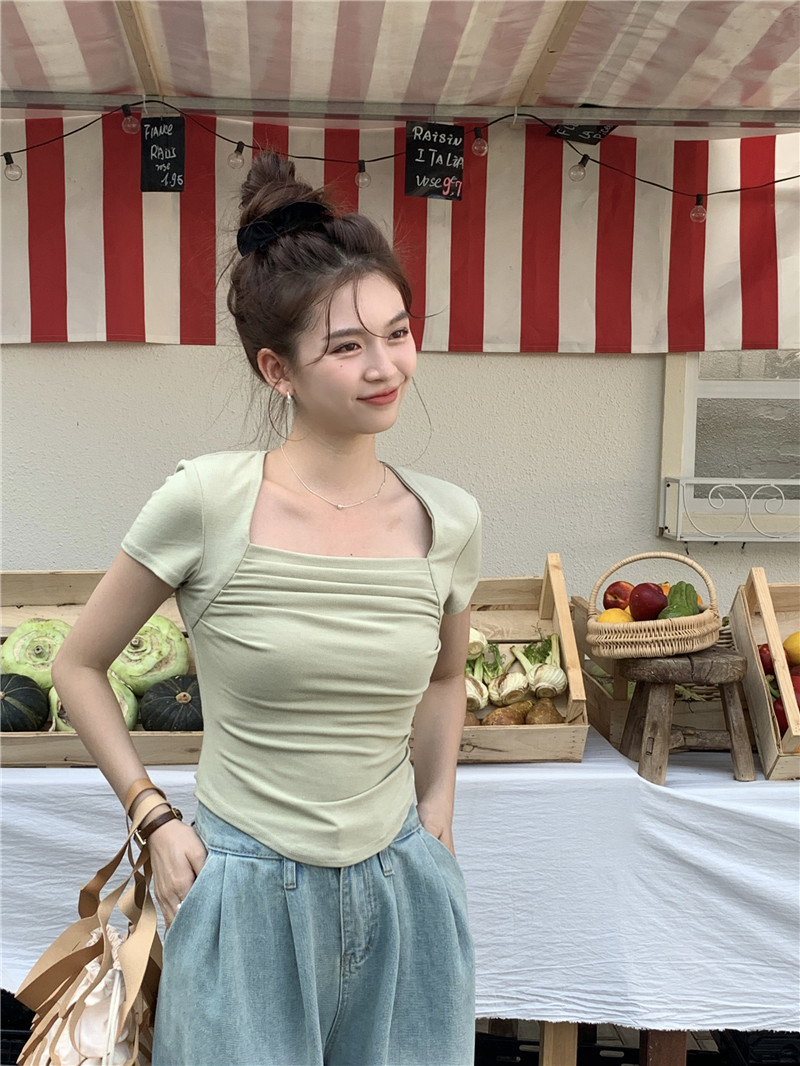 實拍ins韓系方領褶皺設計感顯瘦遮肉多色短袖T恤